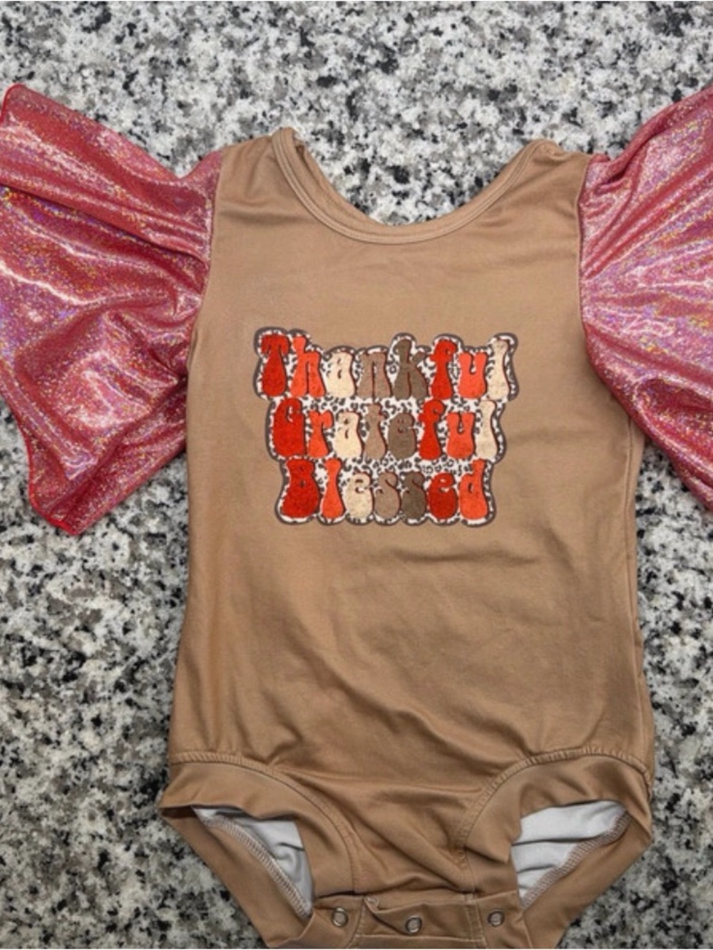 Tan Kids Bodysuit with Shimmer Pink Puff Sleeves Thanksgiving